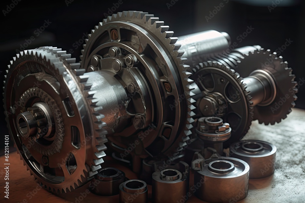 Gearbox and bearings close up. Auto service industry. Car parts. Realistic gear set in an engine, AI Generated Gearbox and bearings close up. Auto service industry. Car parts. Realistic gear set in an engine, AI Generated
