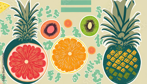 tropical fruits pineapple grapefruit orange and kiwi Retro style food poster