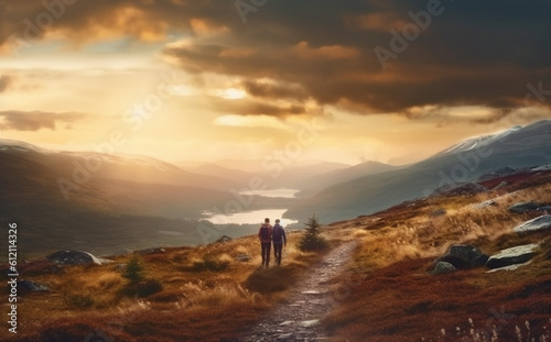 man nature sunset hiking trekking travel lifestyle walking tourist group mountain. Generative AI.