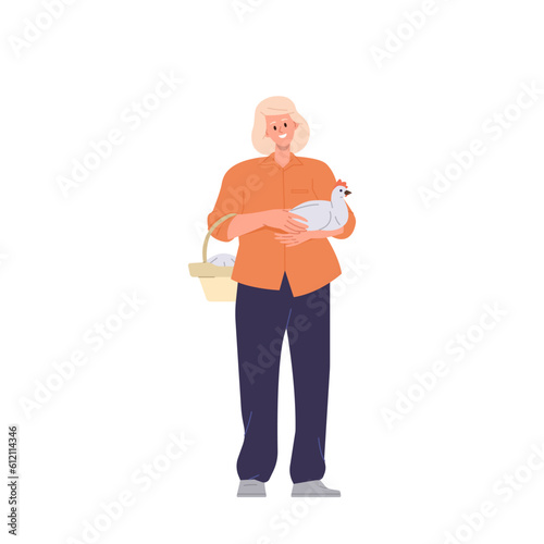 Mature woman farmer carrying chicken and wicker basket with eggs isolated on white background