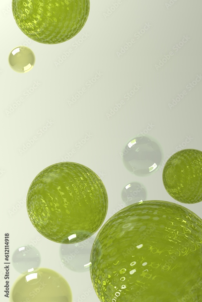 Green background of 3d geometric circle and sphere with glassmorphism round plate in the center