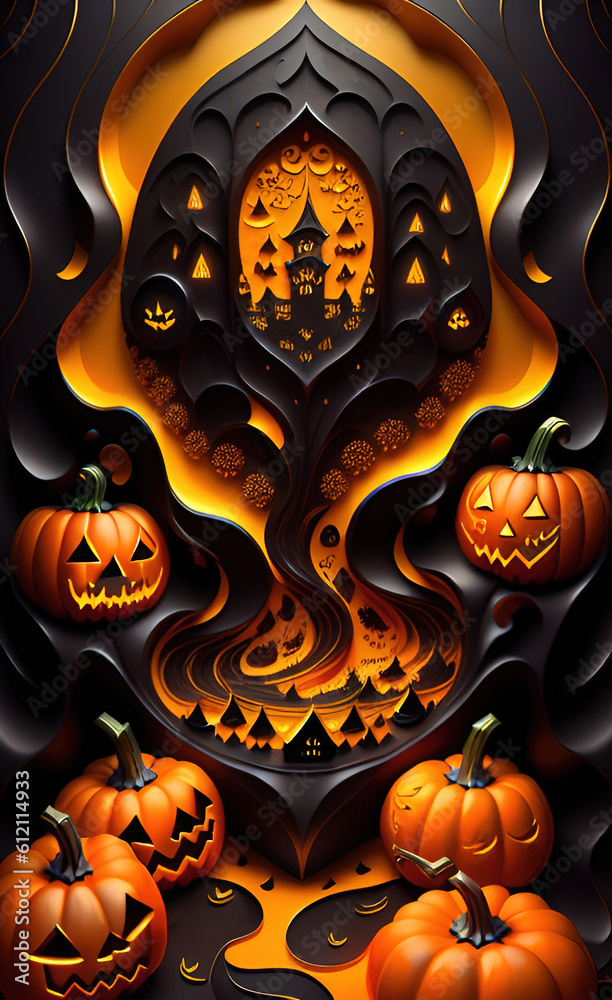 3d Halloween background with glowing jackolanterns and a haunted