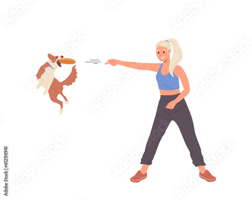 Young woman pet owner training dog playing with frisbee plate learning fetch bring command