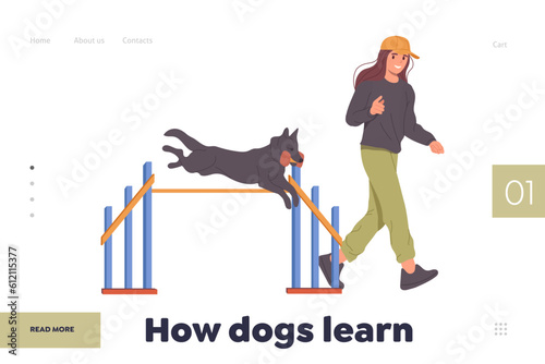 How dog learn landing page design template with happy woman trainer working with purebred puppy