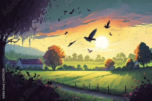 At sunset, birds fly across a verdant landscape. Generative AI © 2rogan