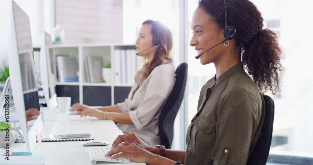Callcenter, phone call and happy woman at help desk with headset, computer and support in crm agency. Customer care, agent or consultant with smile, professional service and telemarketing in office.