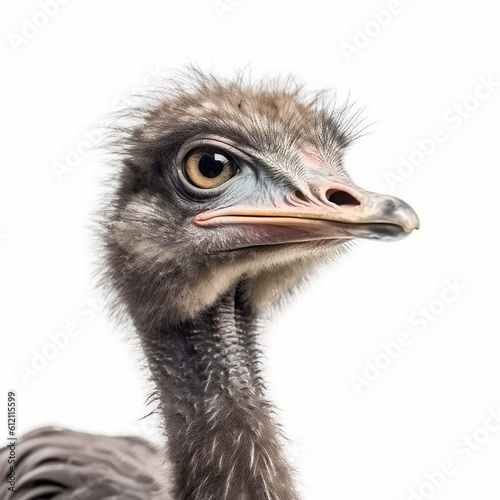 African ostrich Struthio camelus portrait close-up isolated on white, the largest bird, generative ai