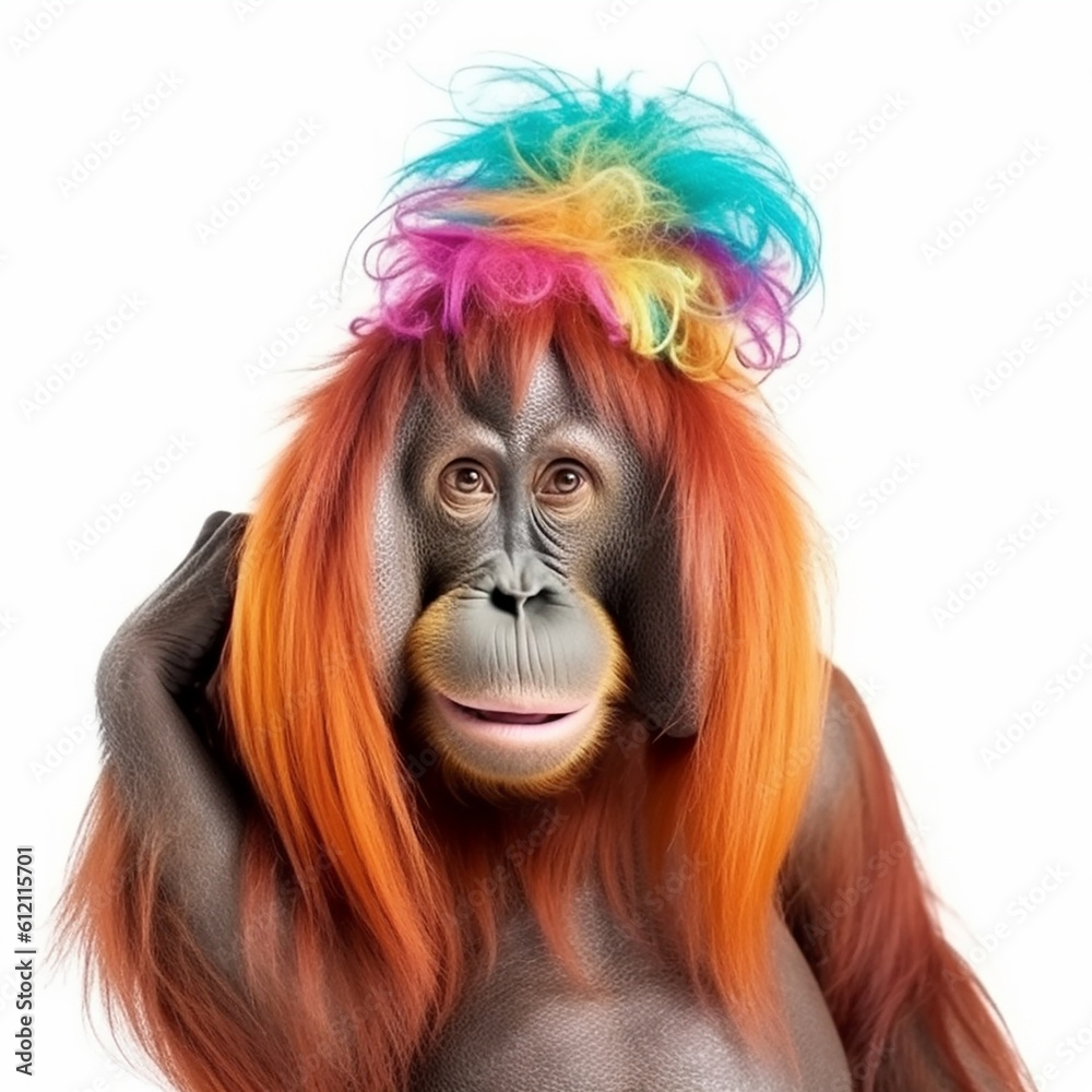 Orangutan monkey with a multi-colored rainbow hayer on his head, close-up portrait on a white background, generative ai