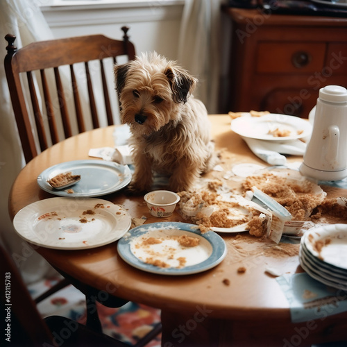 Big mess on table, leftovers of food, dishes and guilty little dog in middle are scattered. Dog climbed on table and ate food, bully, generative ai