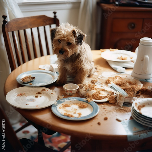 Big mess on table, leftovers of food, dishes and guilty little dog in middle are scattered. Dog climbed on table and ate food, bully, generative ai photo