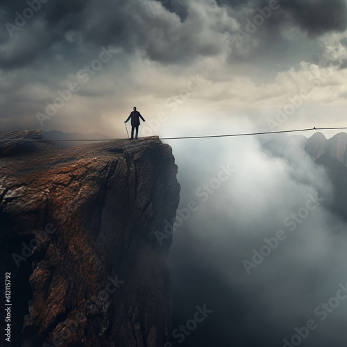 man on a steep cliff over an abyss, a rope stretches from the rock to the other side, tightrope walker, climber, danger, risk, generative ai