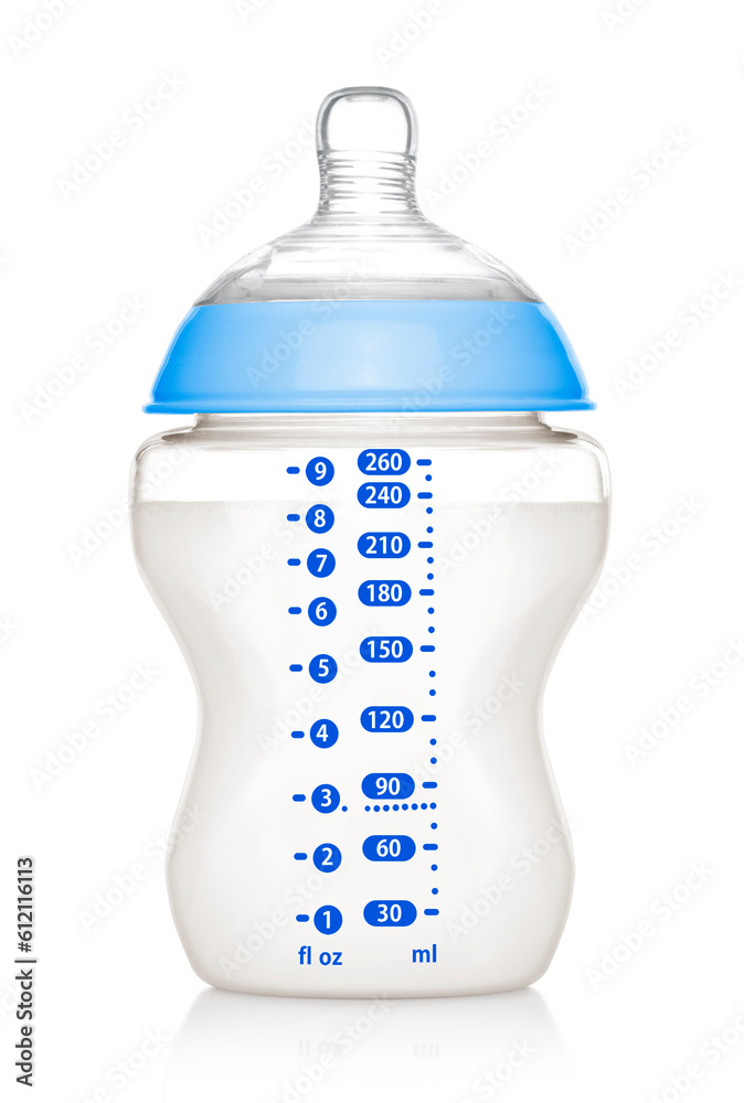Baby bottle with milk . Isolated on white background Baby bottle with milk . Isolated on white background