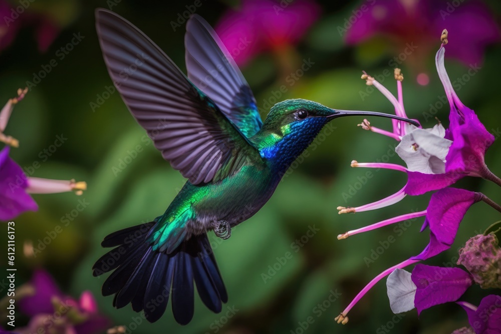 Obraz premium Hummingbird Hovering Over a Purple Flowe. Generative AI