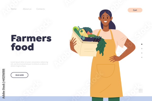 Farmers food advertising landing page design template with happy successful woman gardener