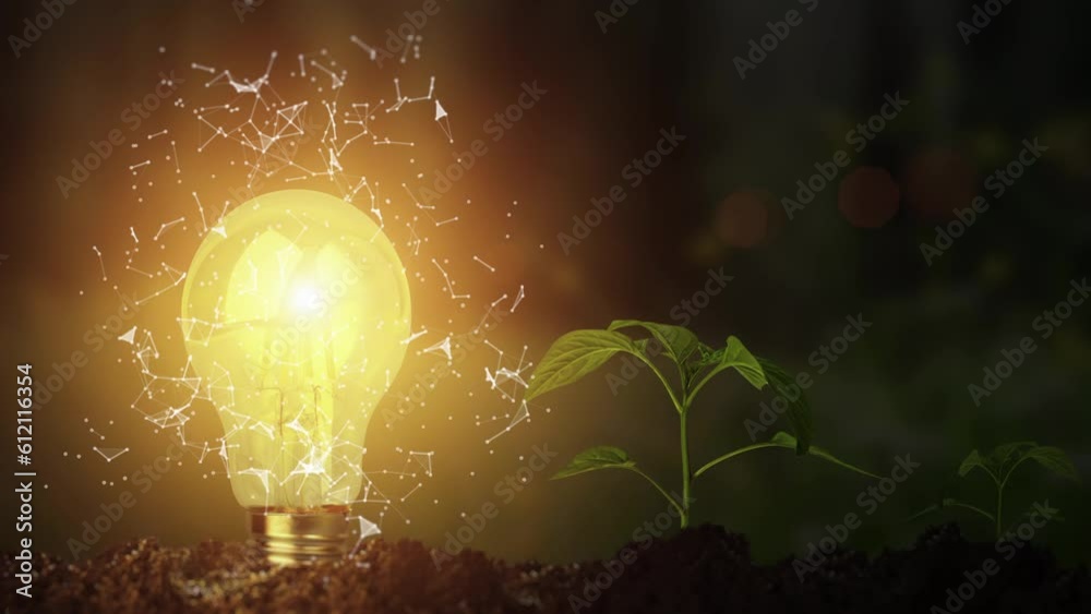Bulb green energy concept. Growth plant with eco light nature technology. Renewable resources, electricity power idea