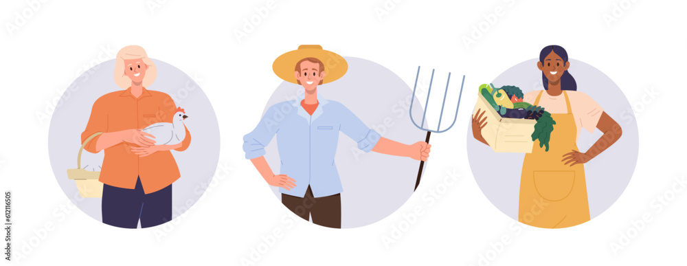 Set of round composition of agricultural worker, gardener, cultivator and farmer cartoon character