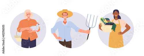 Set of round composition of agricultural worker, gardener, cultivator and farmer cartoon character