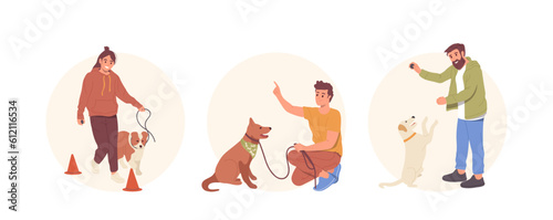 Set of round composition with pet owners and trainers characters working with dog training obedience