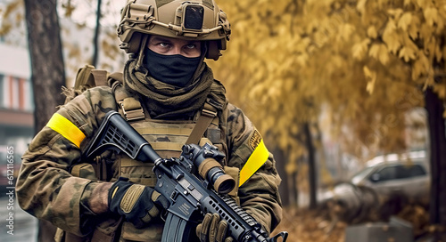 A Ukrainian soldier with a gun in his hands and yellow bandages on his forearm. Generative Ai