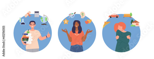 Set of round composition with different people having various basic human needs and life values