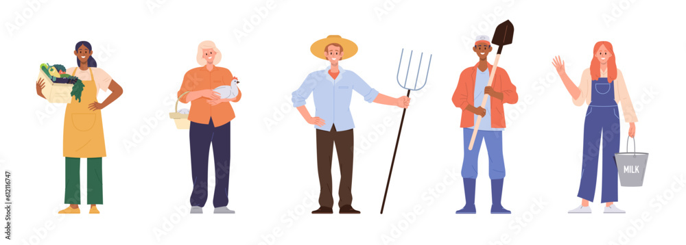 Isolated set of diverse farmer, gardener and cultivator agricultural workers cartoon character