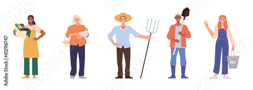 Isolated set of diverse farmer, gardener and cultivator agricultural workers cartoon character