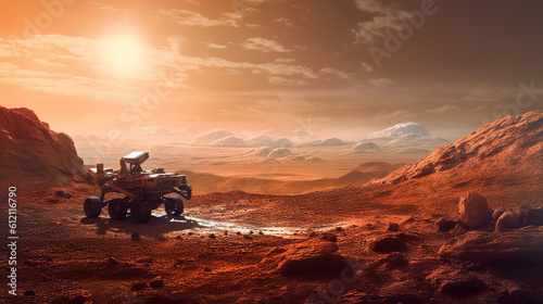 The rover is moving on the surface of Mars. On the background is a landscape with mountainous terrain. Sunlight. Generative Ai © Semper Fidelis