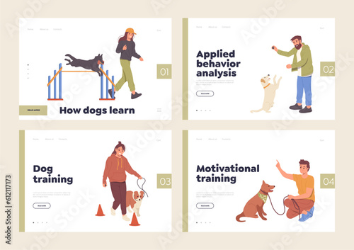 Set of landing page offering professional help in dog domestic animals training, walking and daycare