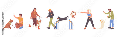 Set of happy people cartoon pet owners characters teaching, playing and walking adorable dogs