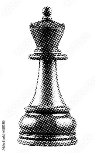 chess queen piece isolated halftone dots texture bitmap retro vintage pop art style collage element for mixed media modern crazy design