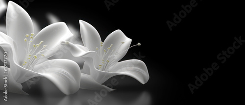 Close-up of white lily flowers on black background. 21 to 9 aspect ratio. Generative AI