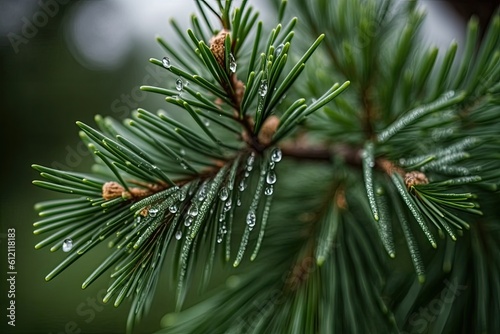 A pine branch is covered with raindrops. Focused attention. Photo of high grade. Generative AI