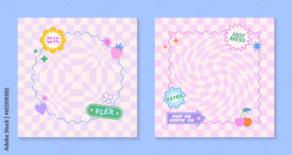 Vector templates with patches and stickers in 90s style.Modern emblems in y2k aesthetic with chess backgrounds.Trendy funky designs for banners,social media marketing,branding,packaging,covers Vector templates with patches and stickers in 90s style.Modern emblems in y2k aesthetic with chess backgrounds.Trendy funky designs for banners,social media marketing,branding,packaging,covers