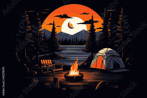 cozy campfire scene with a tent in the background. Generative AI