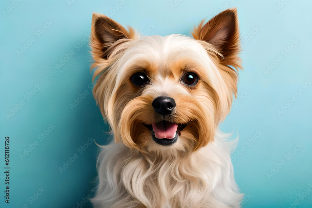 Fototapeta premium Yorkshire Terrier dog on light blue background