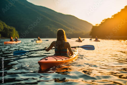 girl with paddle in kayak on the lake at sunset, created with Generative AI Technology