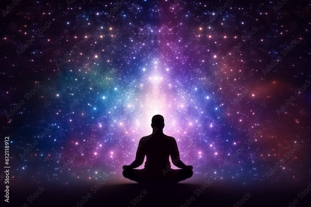 State of mind concept. Transcendental chakras space meditation human silhouette. Cosmic background. Generative AI