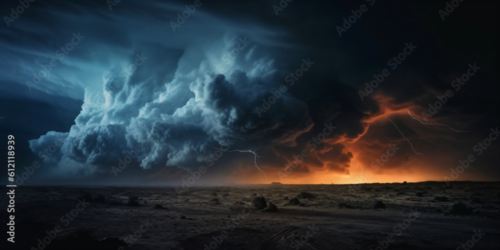 cloudy and windy storm in a stunning landscape, power of thunderstorm and dramatic weather in climate change, fictional landscape created with generative ai cloudy and windy storm in a stunning landscape, power of thunderstorm and dramatic weather in climate change, fictional landscape created with generative ai