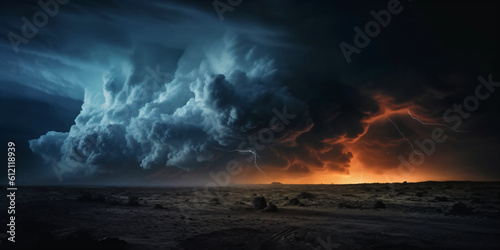 cloudy and windy storm in a stunning landscape, power of thunderstorm and dramatic weather in climate change, fictional landscape created with generative ai