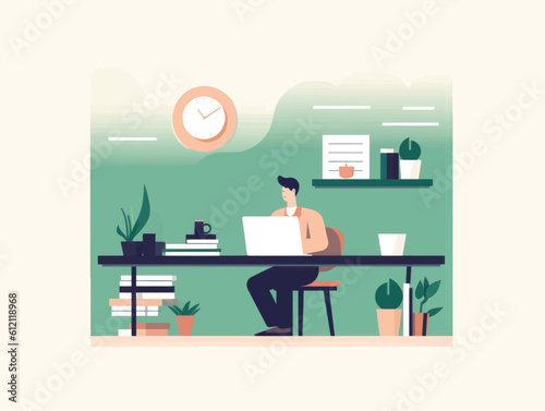 person working at a desk with a laptop and documents. It conveys professionalism and productivity in a modern business environment