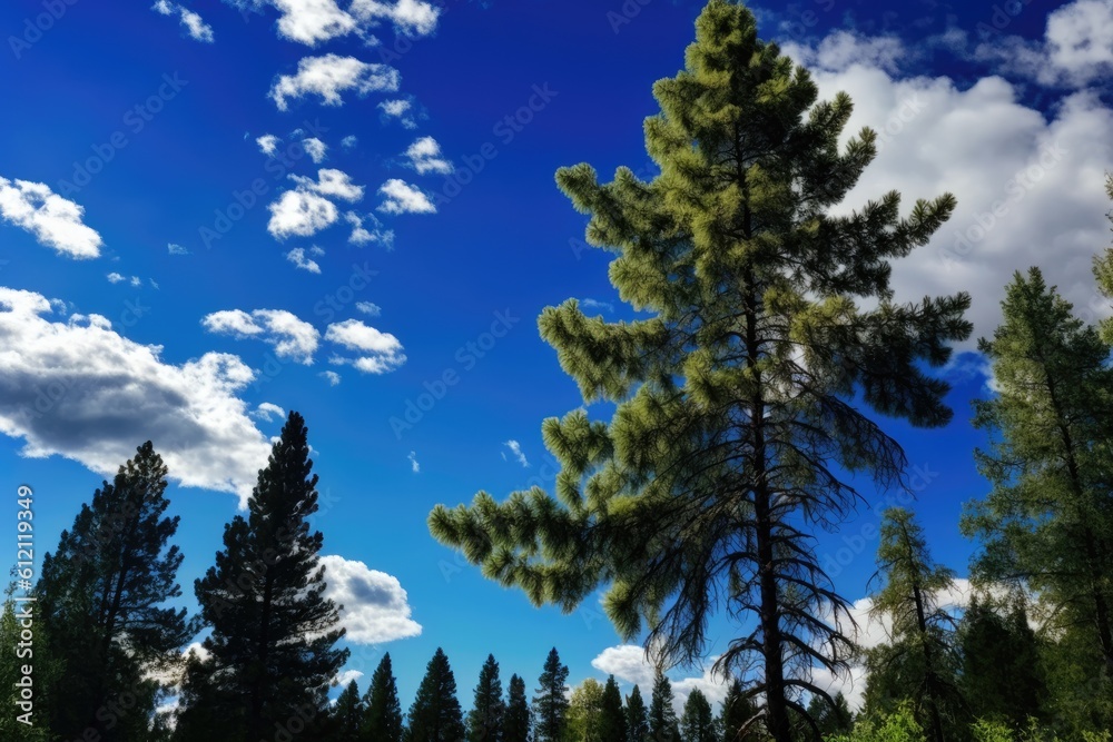 sunny day with blue sky, white clouds, and trees. Generative AI