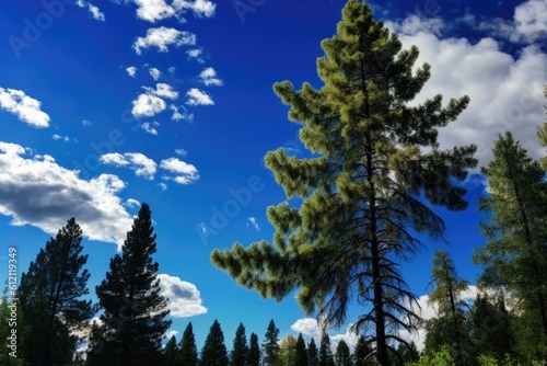 sunny day with blue sky, white clouds, and trees. Generative AI