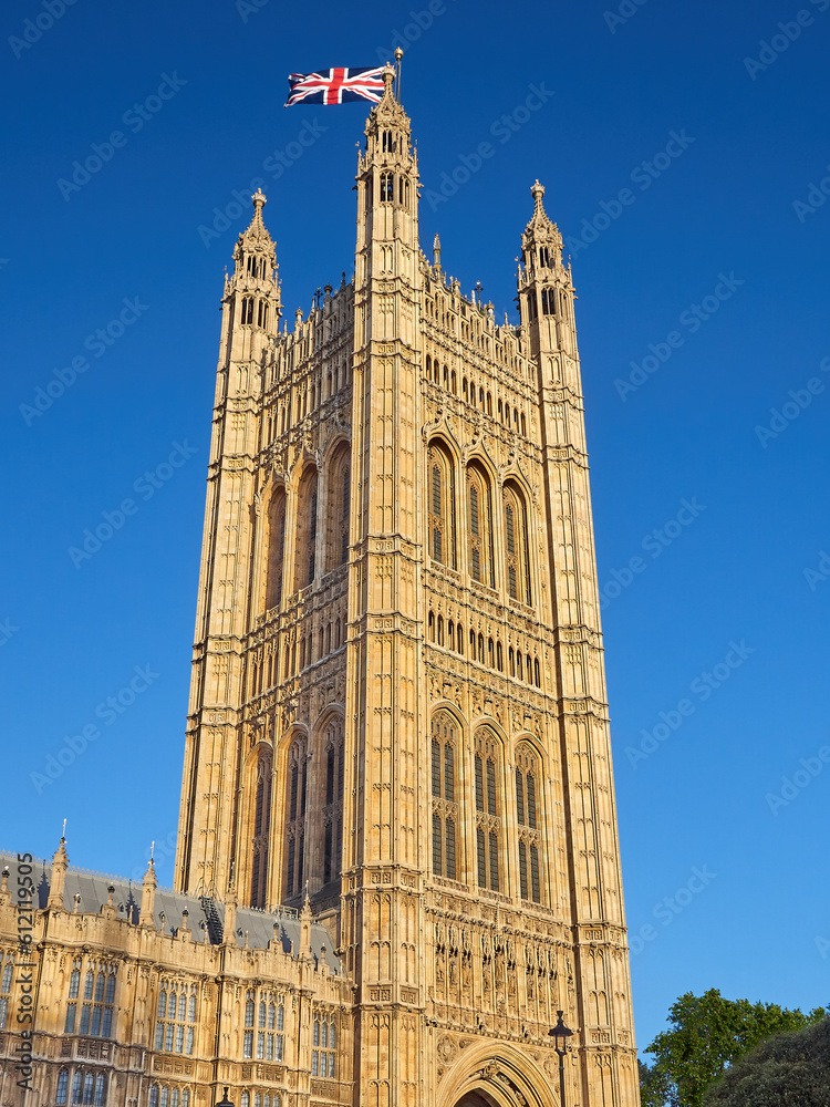 Victoria Tower with the flag of the United Kingdom, also called Union Jack. Palace of Westminter, Houses of Parliament. Westminster, London, UK