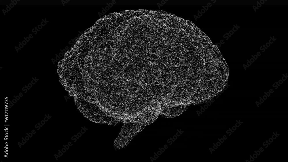 3D brain rotates on black bg. Object dissolved flickering particles. Scientific medical concept. For title, text, presentation. 3d animation 60 FPS 3D brain rotates on black bg. Object dissolved flickering particles. Scientific medical concept. For title, text, presentation. 3d animation 60 FPS
