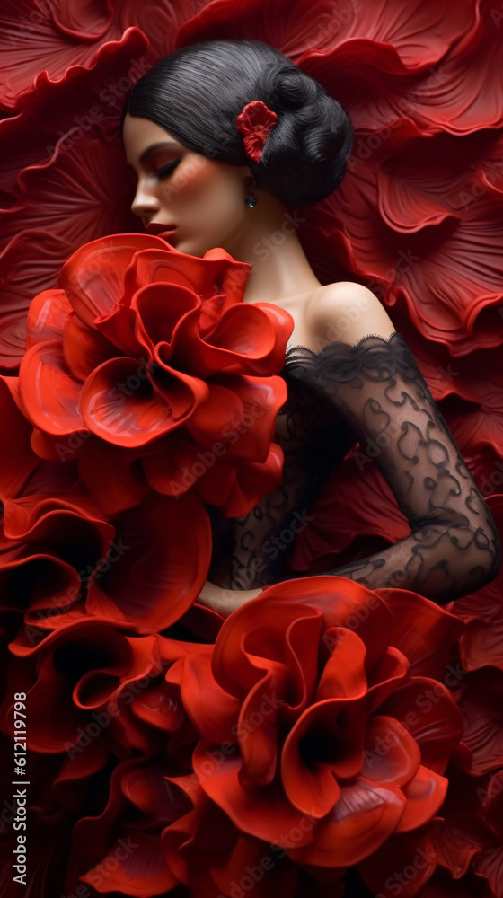 female flamenco dancer surrounded by red flowers, fictional person created with generative ai female flamenco dancer surrounded by red flowers, fictional person created with generative ai