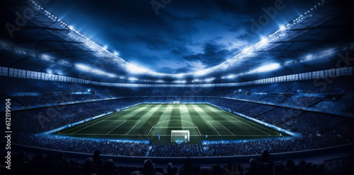 sport goal soccer game stadium green light world football arena. Generative AI. © SHOTPRIME STUDIO