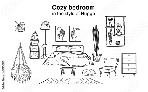 Doodle sketch hand-drawn room. Cozy bedroom in the style of Hugge. Black and white linear image.