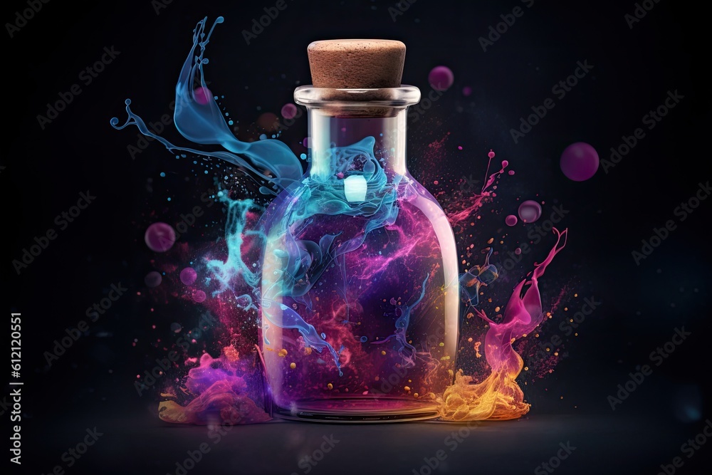 Spellbinding potion in glass vial, swirling with vibrant colors and releasing sparkling tendrils of magic, super details Spellbinding potion in glass vial, swirling with vibrant colors and releasing sparkling tendrils of magic, super details