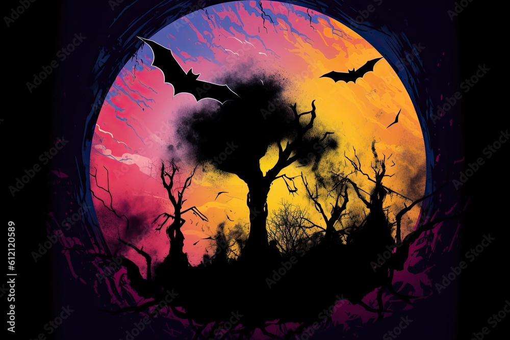Halloween, paint splatter illustration of dark silhouette of a bat, obscuring the full moon, evoking a sense of mystery