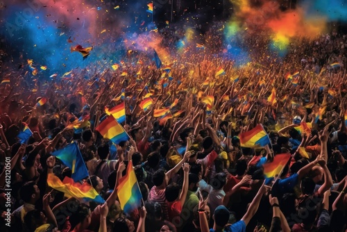 The scene shows a massive and spirited group of sports fans making their way down a street near the stadium, carrying flares and colored smoke in the colors of their club